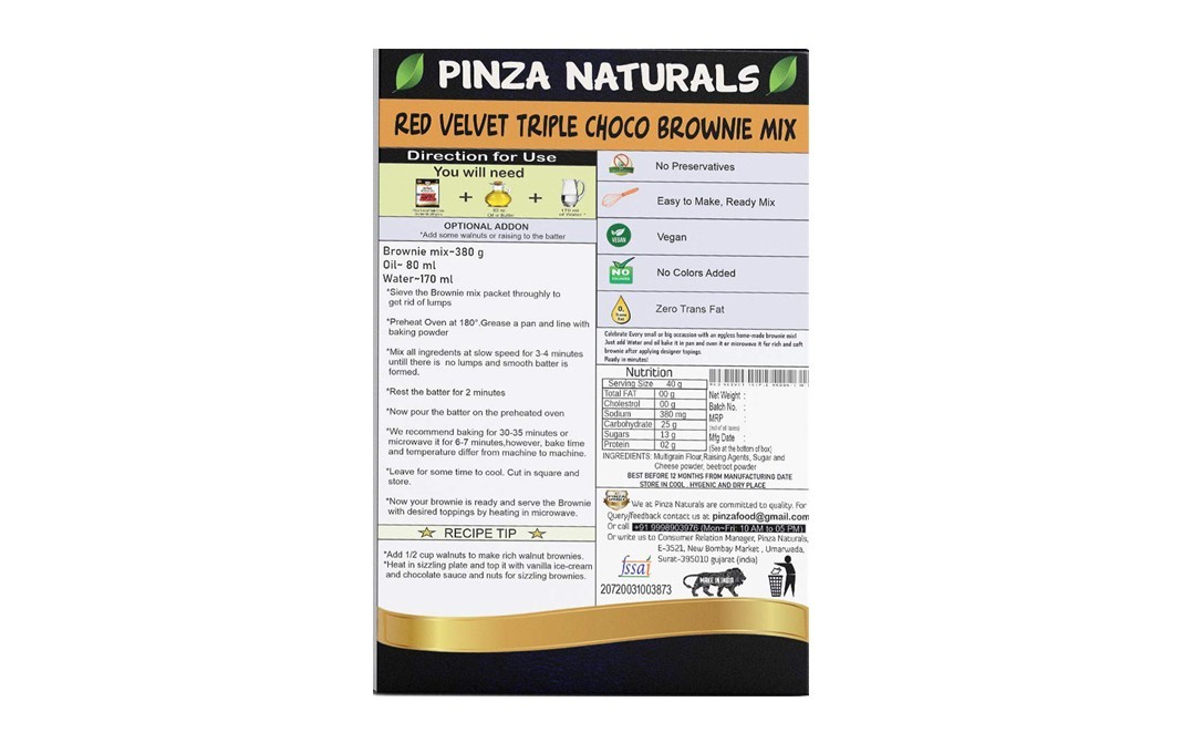 Pinza Naturals Red Velvett Triple Choco Brownie Mix   Box  380 grams